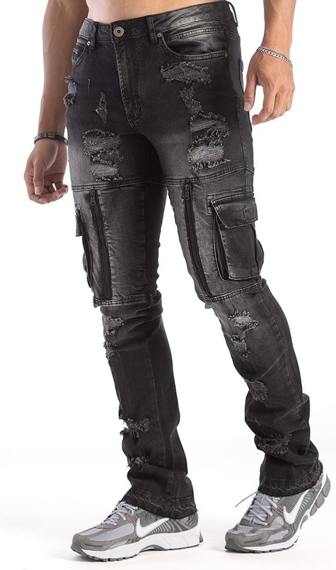 Ripped Jeans w/Pockets and Zipper - Black