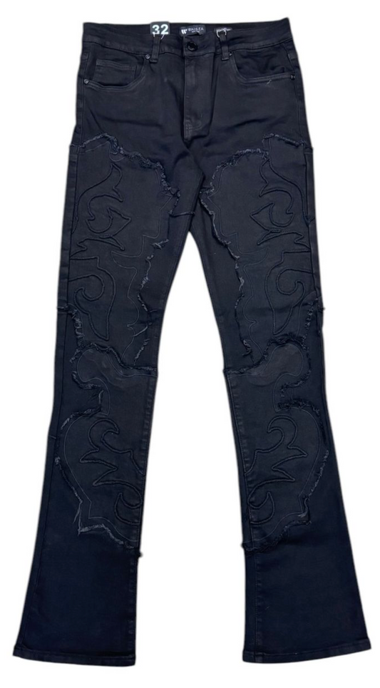 Patch and Frayed Stacked Jeans - Jet Black