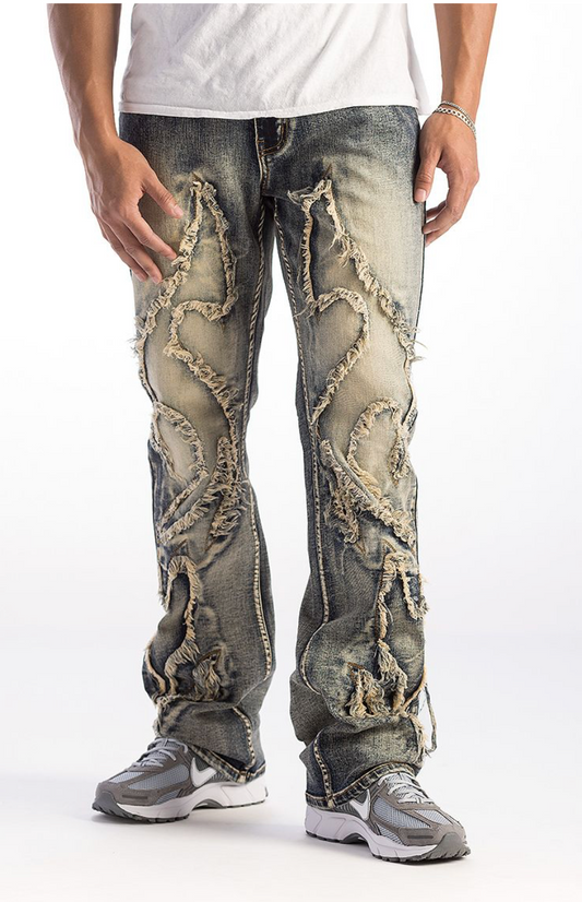 Premium Stacked Fray Jeans - Rust Blue