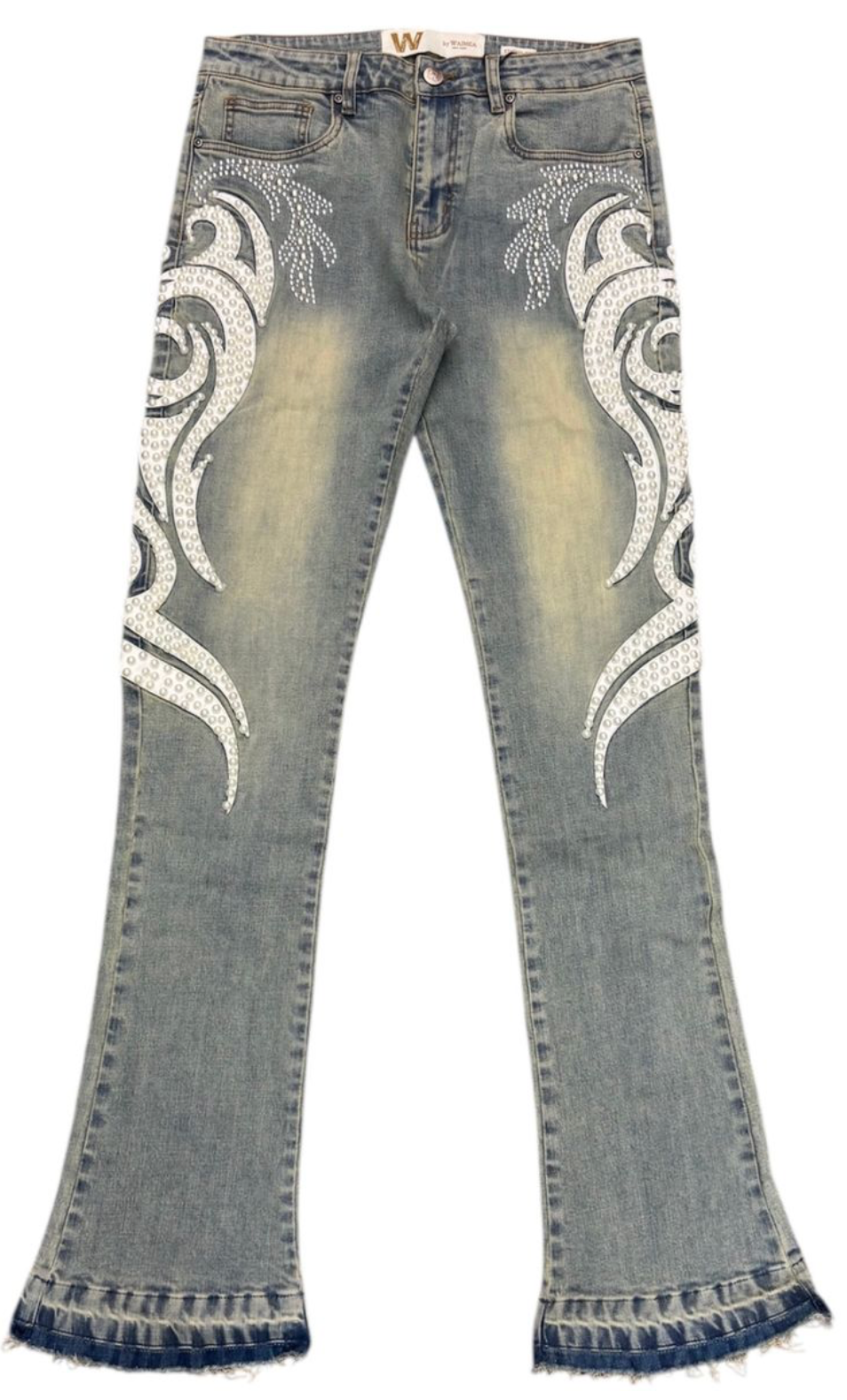 Stacked Jeans w/Rhinestone Design - Blue