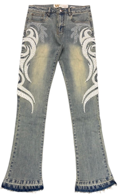 Stacked Jeans w/Rhinestone Design - Blue