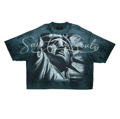 Statue Of Liberty Rhinestone Cropped Tee - Pine Green