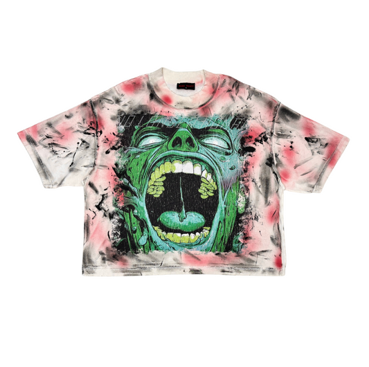 No Longer Human Rhinestone Cropped Tee - Pink/Green