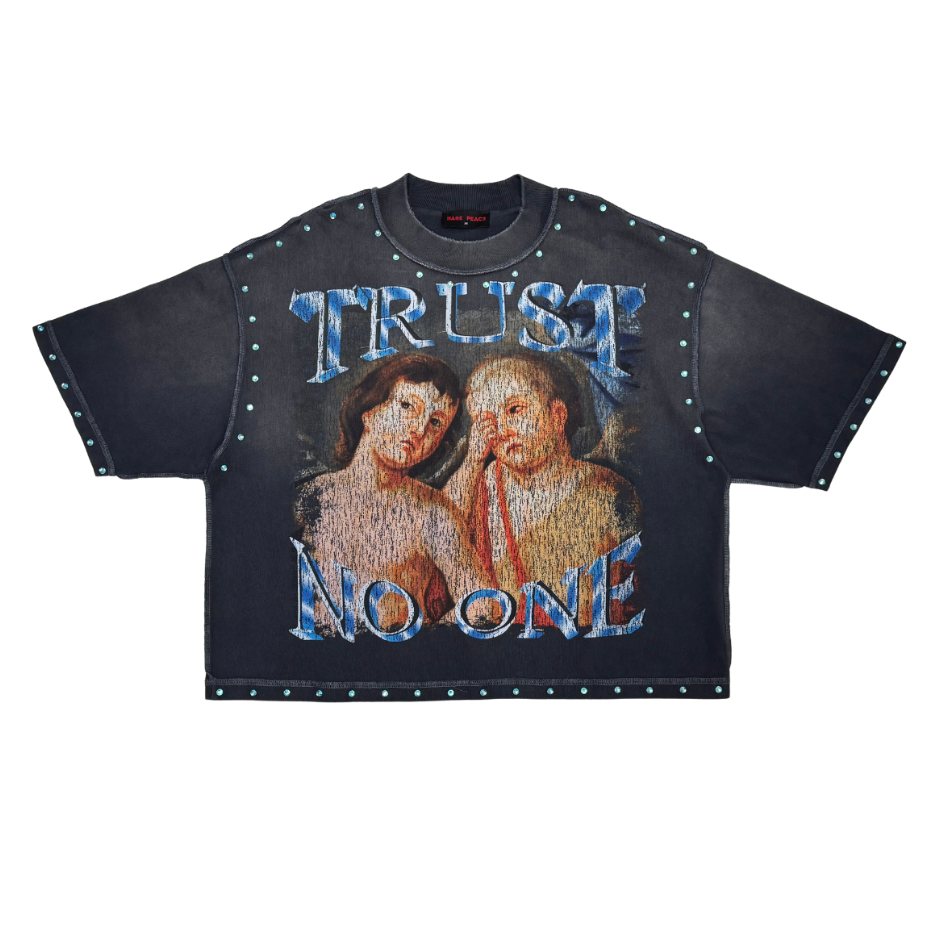 Trust No One Angel Rhinestone Cropped Tee - Grey