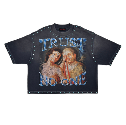Trust No One Angel Rhinestone Cropped Tee - Grey