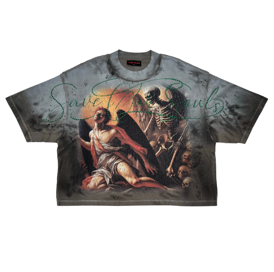 Angel Of Death Rhinestone Cropped Tee - Grey