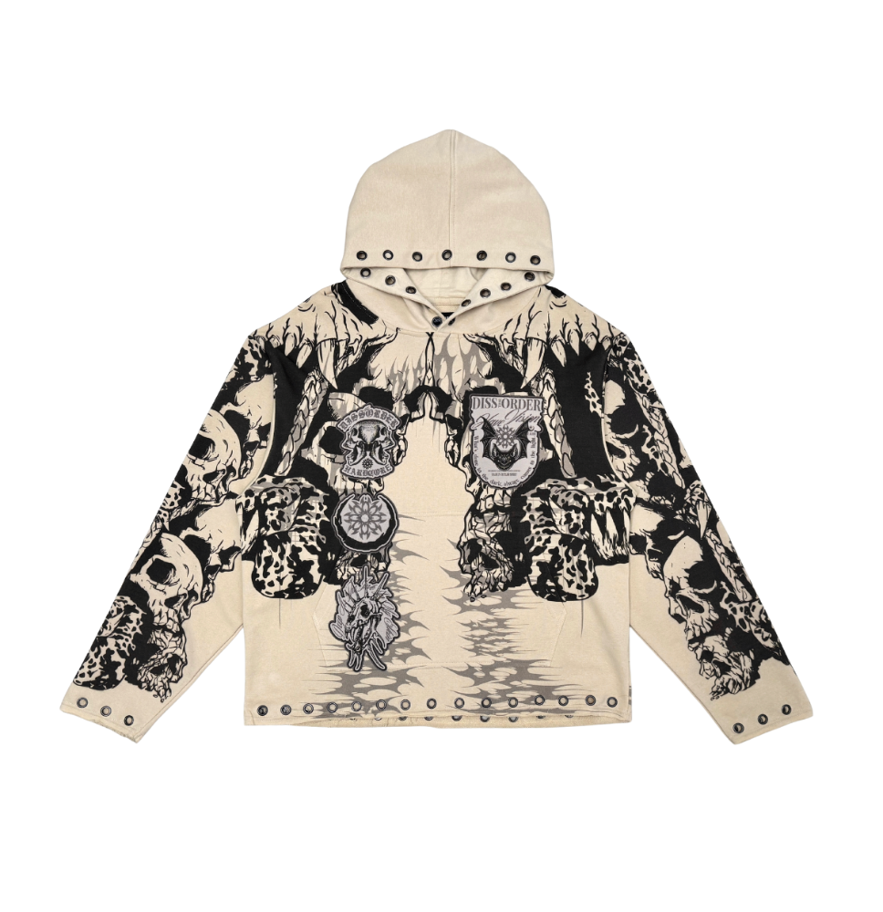 Skull Pattern Zip Up Hoodie - Cream