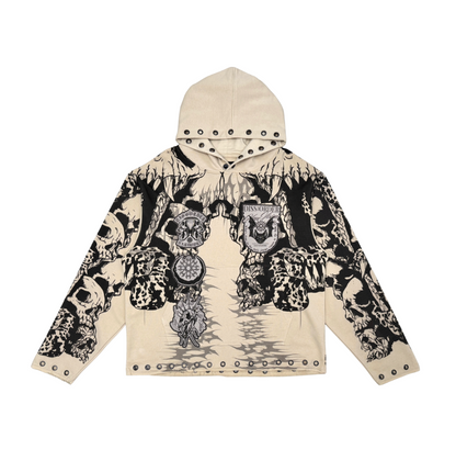 Skull Pattern Zip Up Hoodie - Cream
