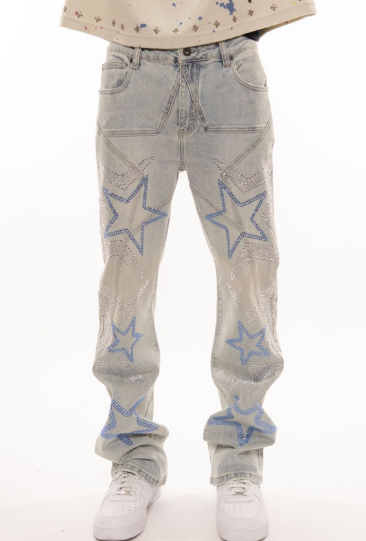 Star Mini Rhinestone Stacked Jeans - Blue