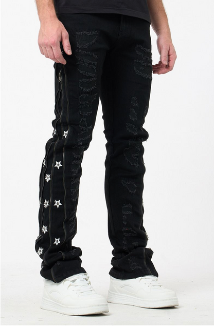 Star Zipper Stacked Jeans - Black