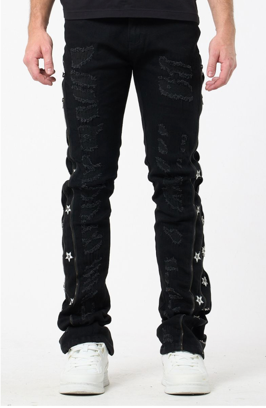 Star Zipper Stacked Jeans - Black