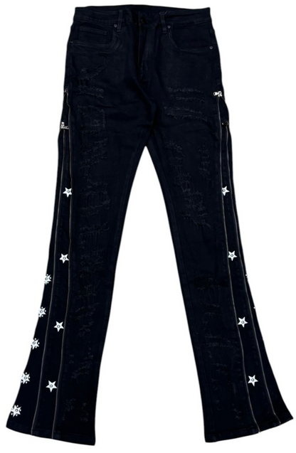 Star Zipper Stacked Jeans - Black
