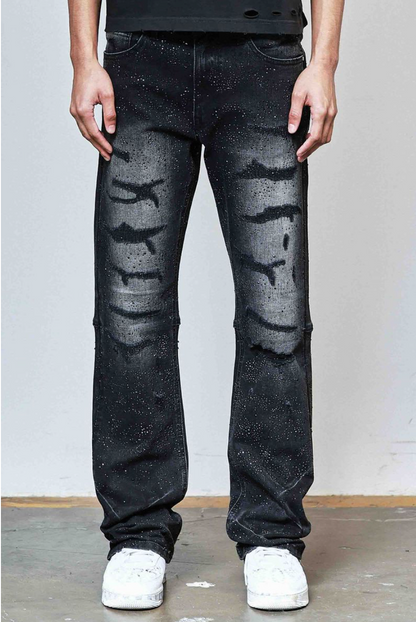 Ripped Rhinestone Stacked Jeans - Black