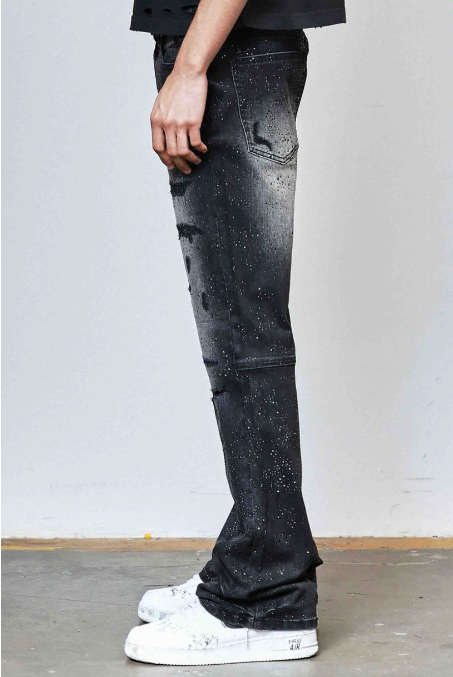 Ripped Rhinestone Stacked Jeans - Black