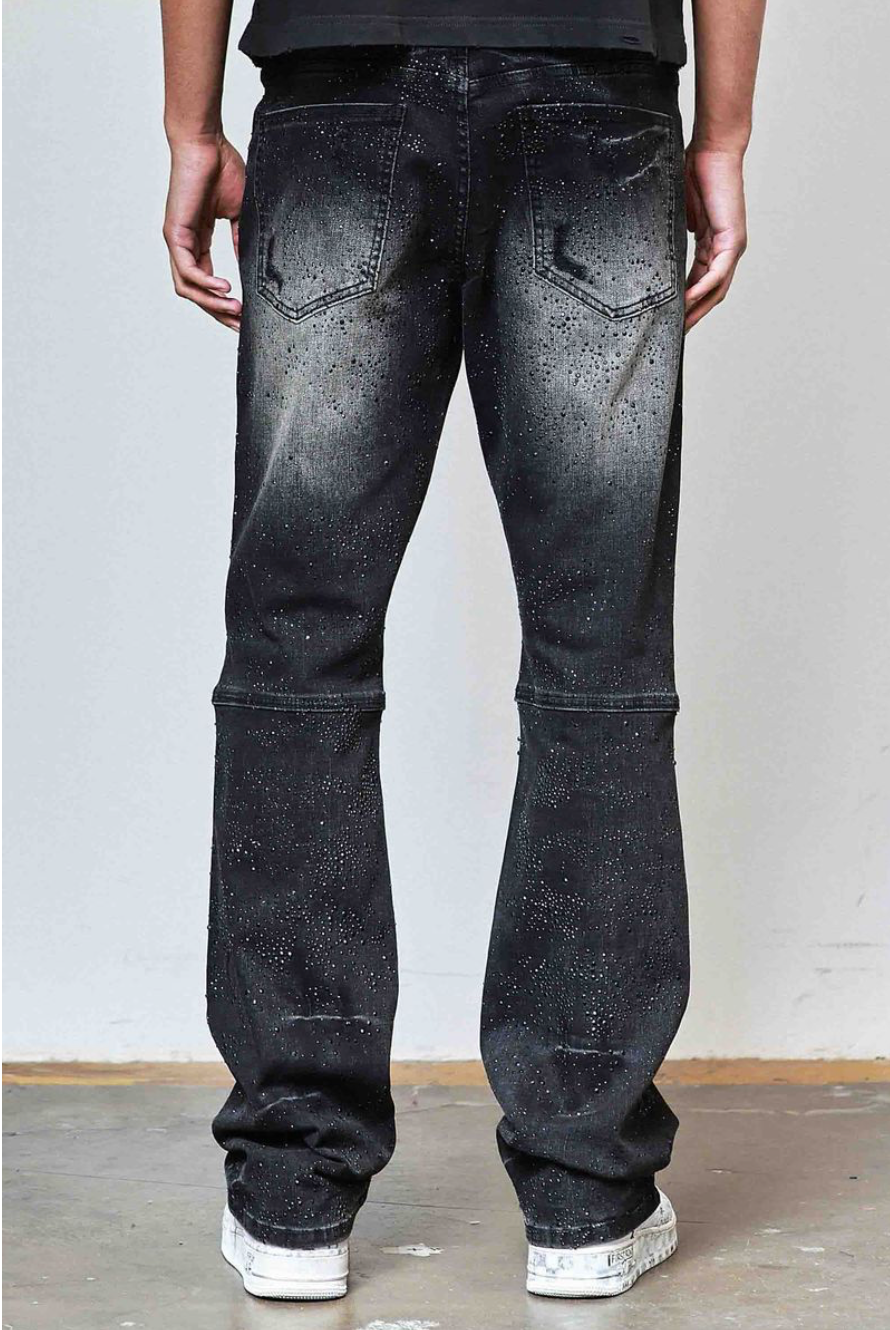 Ripped Rhinestone Stacked Jeans - Black