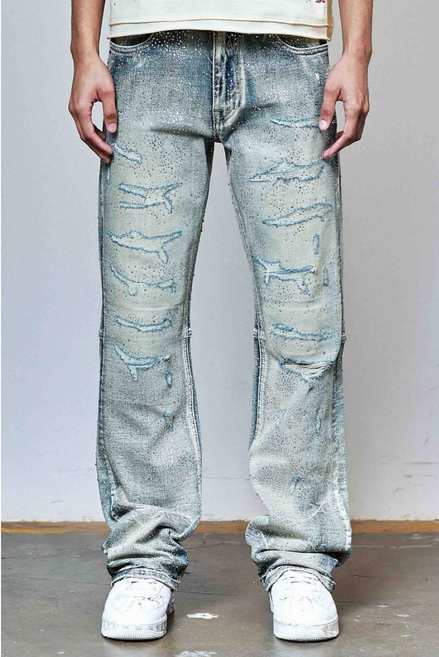 Ripped Rhinestone Stacked Jeans - Blue