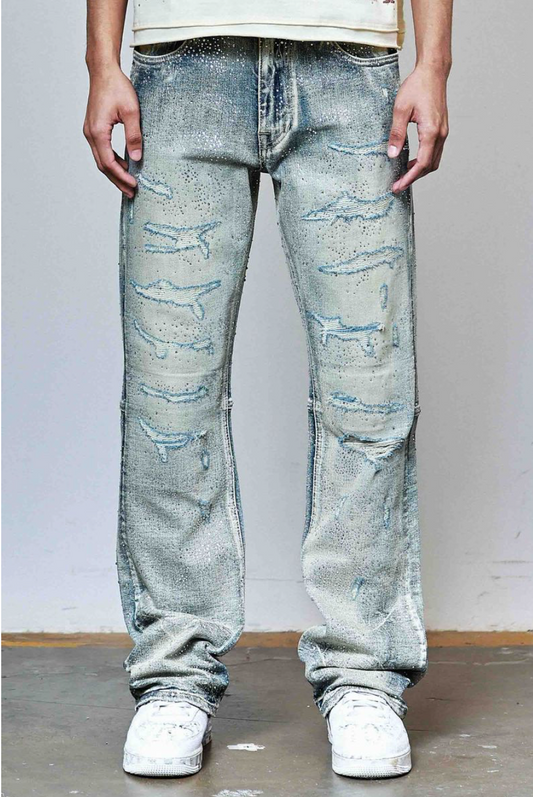Ripped Rhinestone Stacked Jeans - Blue