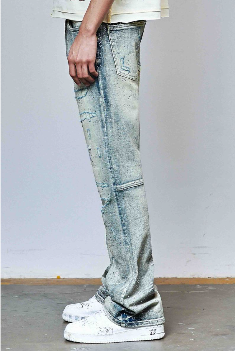 Ripped Rhinestone Stacked Jeans - Blue