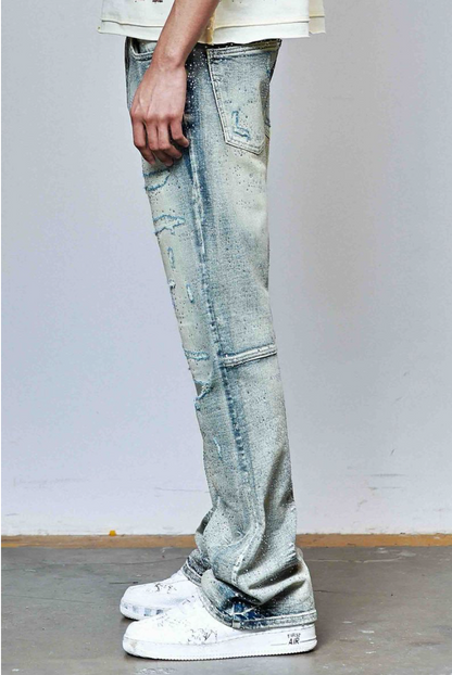 Ripped Rhinestone Stacked Jeans - Blue