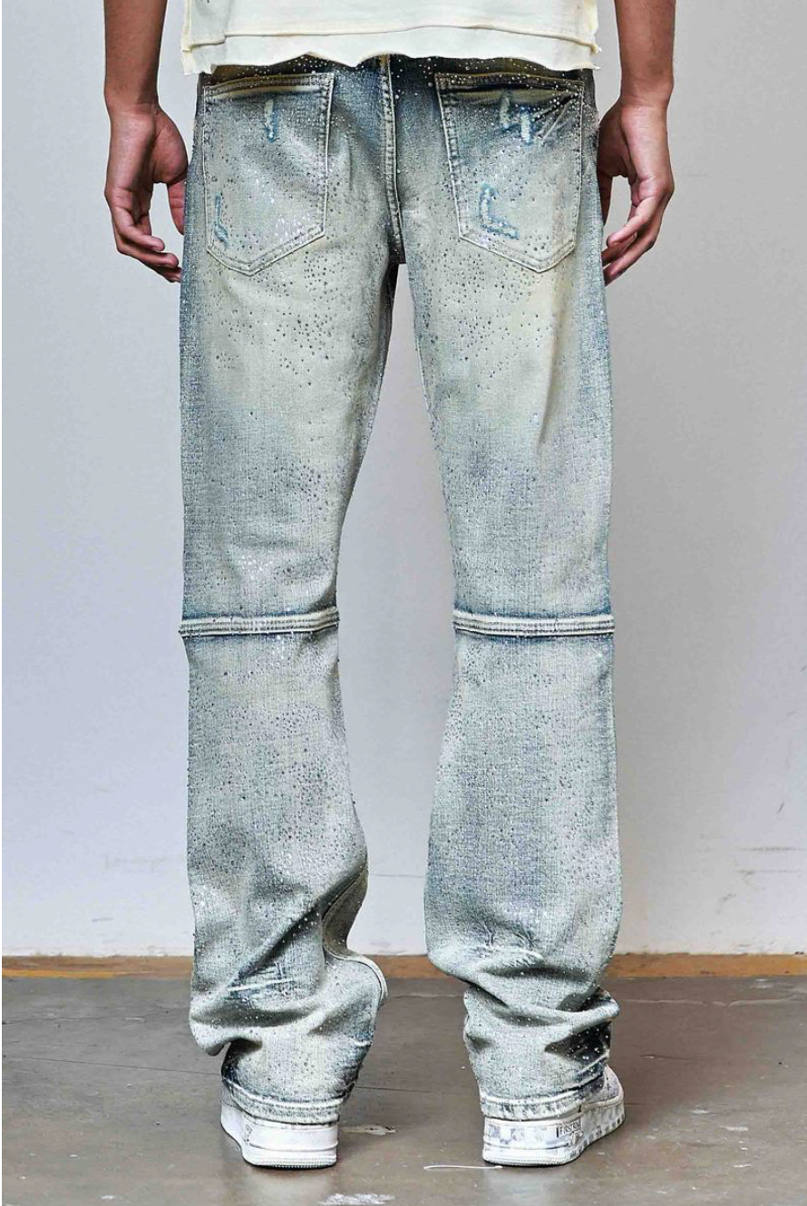 Ripped Rhinestone Stacked Jeans - Blue