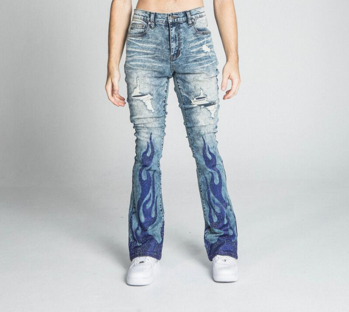 Stacked Flame Rhinestone Jeans - Blue
