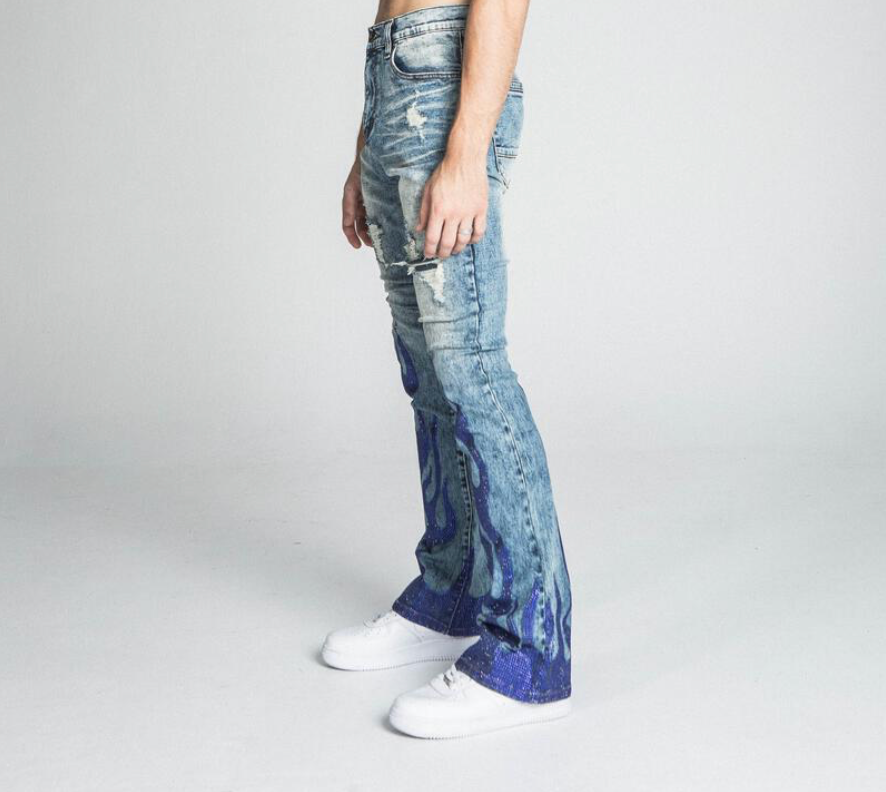 Stacked Flame Rhinestone Jeans - Blue