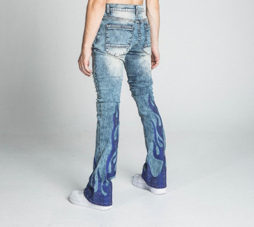 Stacked Flame Rhinestone Jeans - Blue