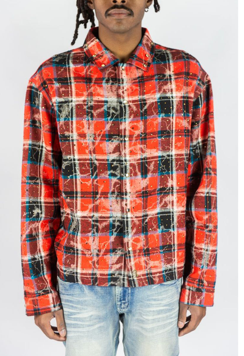 Rhinestone Cropped Flannel - Red
