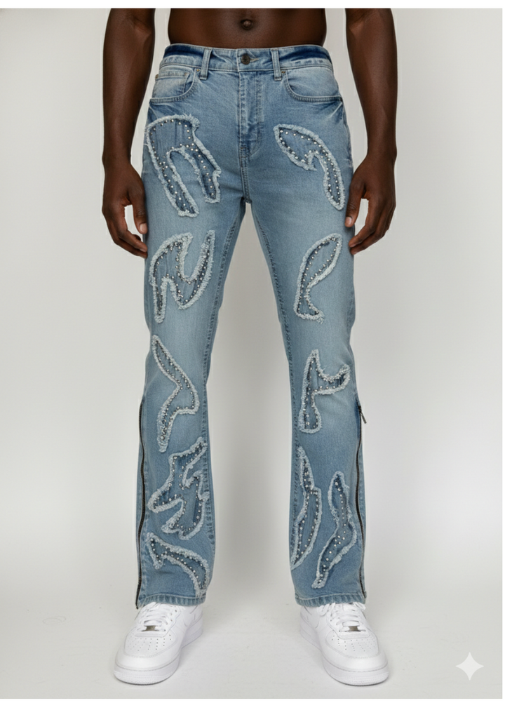 Mens Patchwork Stud Flare Fit Jeans - Blue