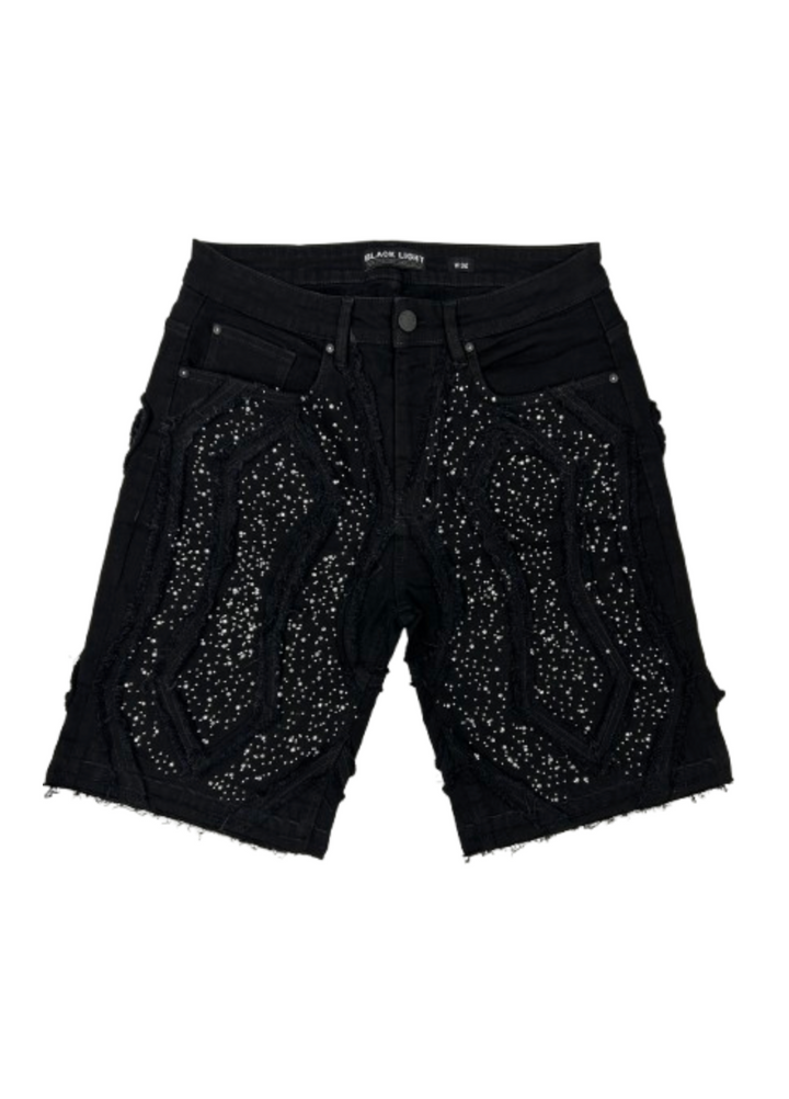 Patched Rip Denim Shorts - Jet Black