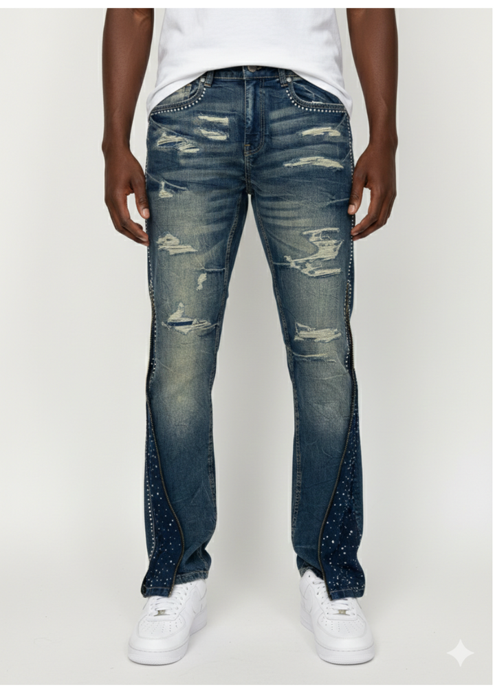 Kids Jet Black Rhinestone Zipper Stacks - Tint Blue