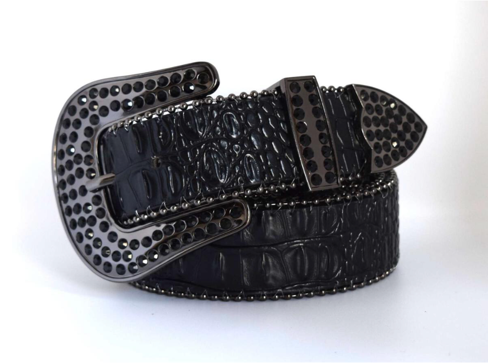 Crocodile Skin Rhinestone Belt - Black