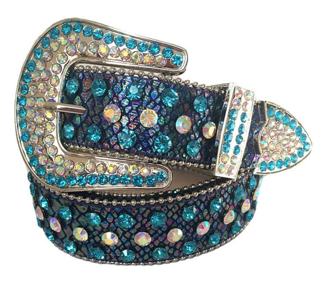 Snakeskin Rhinestone Belt - Aqua