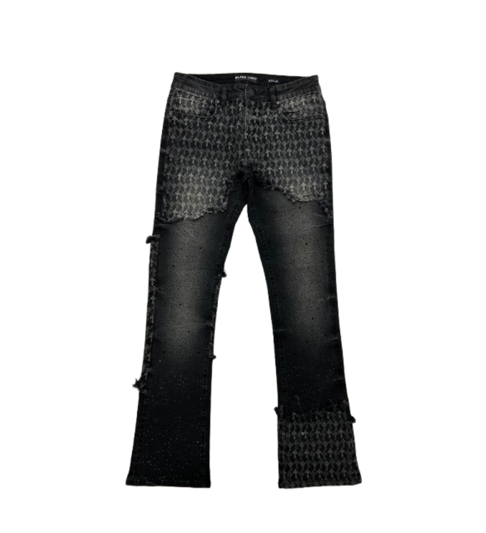Cross Print Stacked Jeans - Black