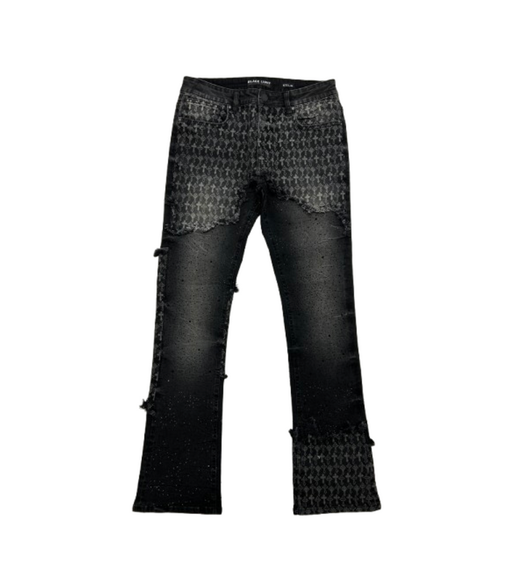 Cross Print Stacked Jeans - Black