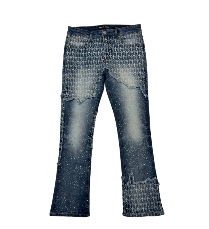 Cross Print Stacked Jeans - Blue