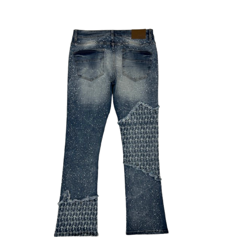 Cross Print Stacked Jeans - Blue