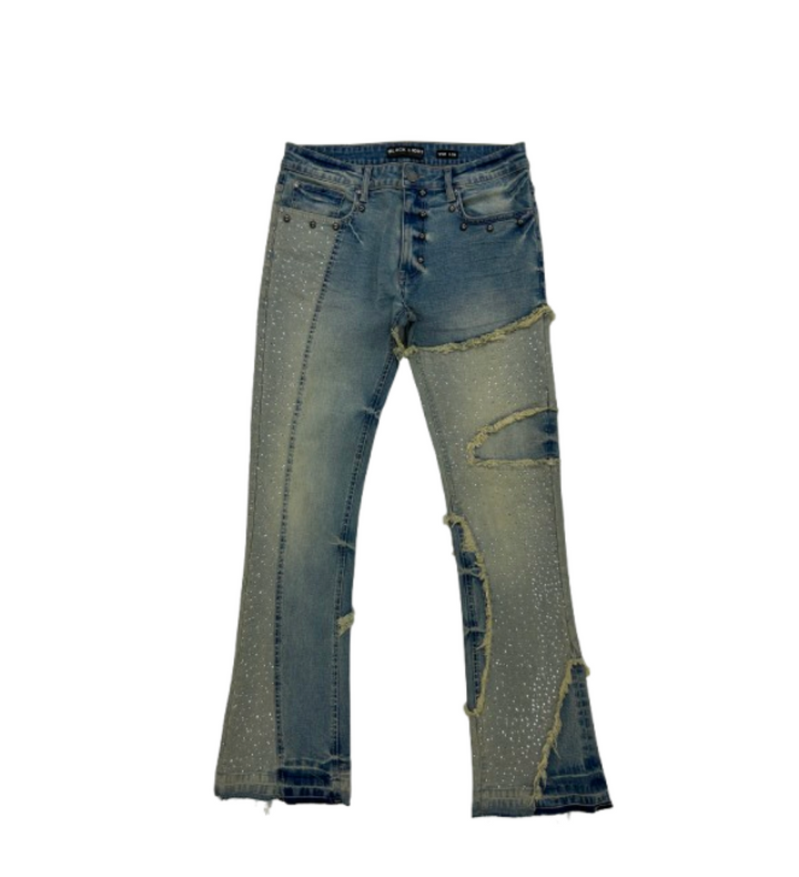 Rhinestone Patch Stacked Jeans - Blue