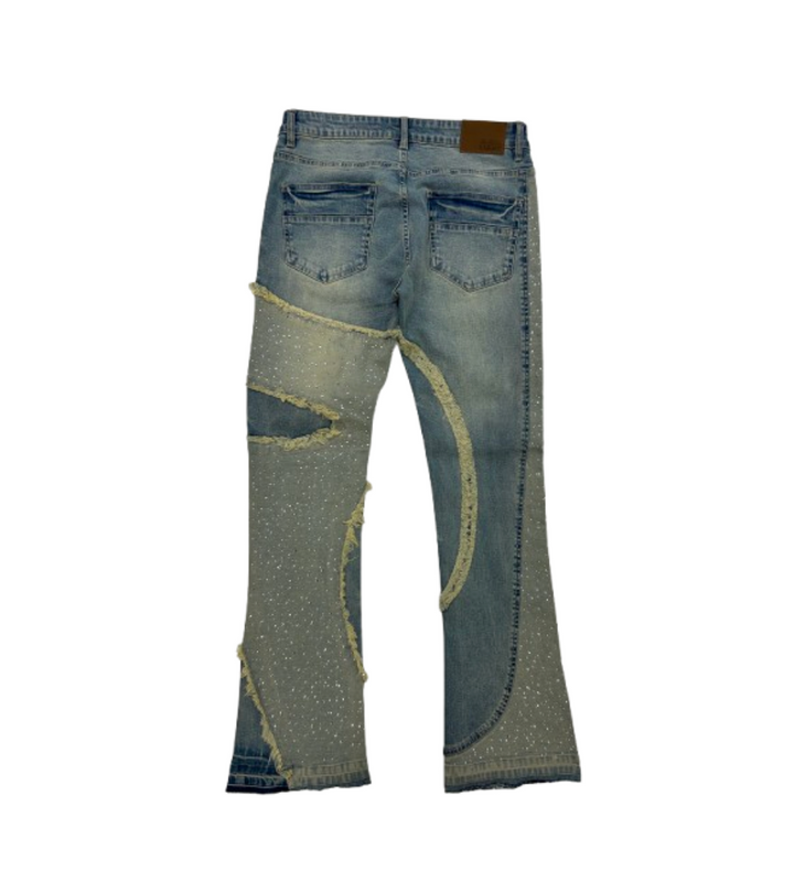 Rhinestone Patch Stacked Jeans - Blue