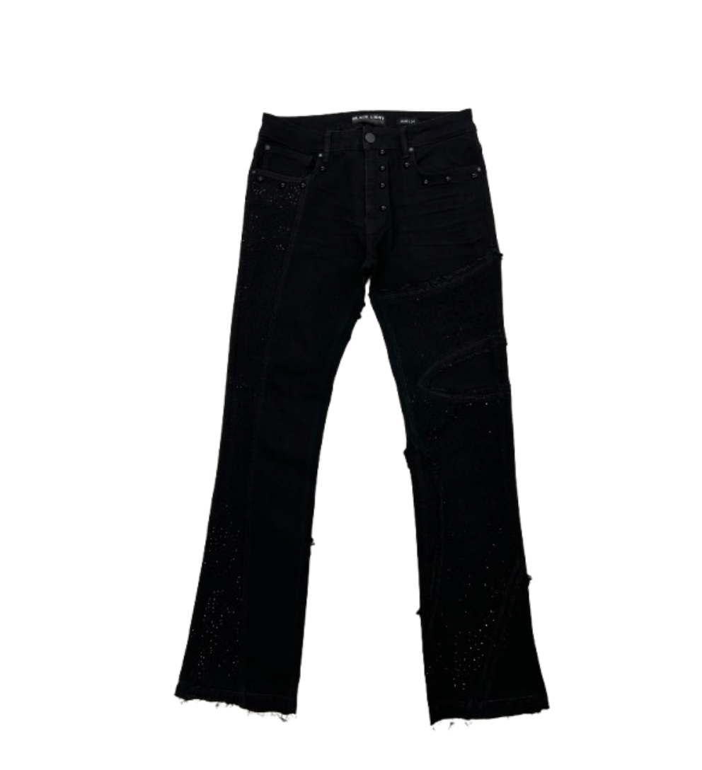 Rhinestone Patch Stacked Jeans - Black