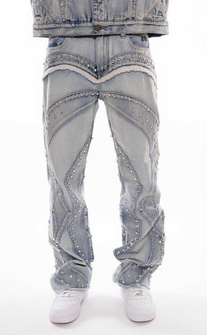 Gunzinii Baggy Studded Jeans - Light Blue