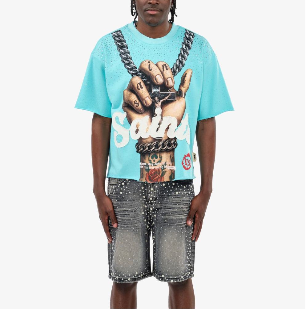 Saints Cross Cropped Tee - Aqua