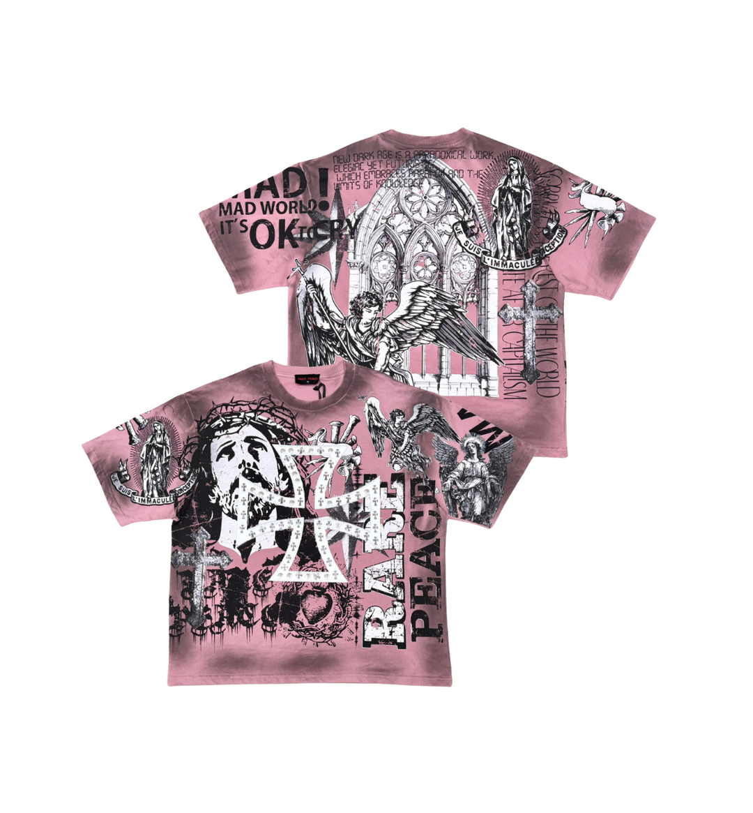 MAD WORLD TEE w/ CUT &amp; SEW + STUD DETAILS