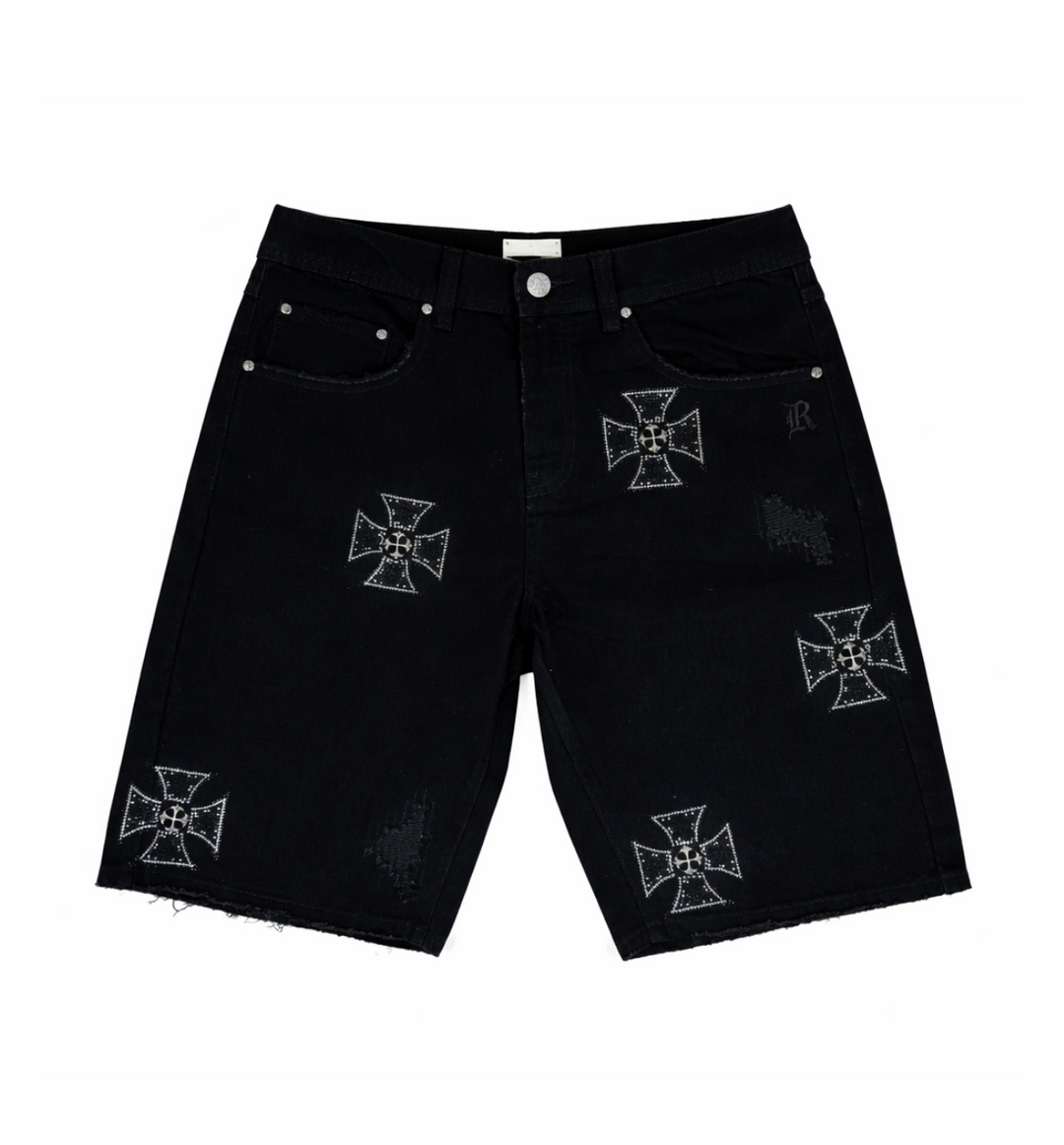 DENIM JORTS W/ CROSS RIVETS, METALLIC STONES
