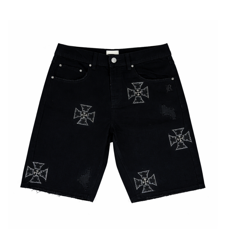 DENIM JORTS W/ CROSS RIVETS, METALLIC STONES