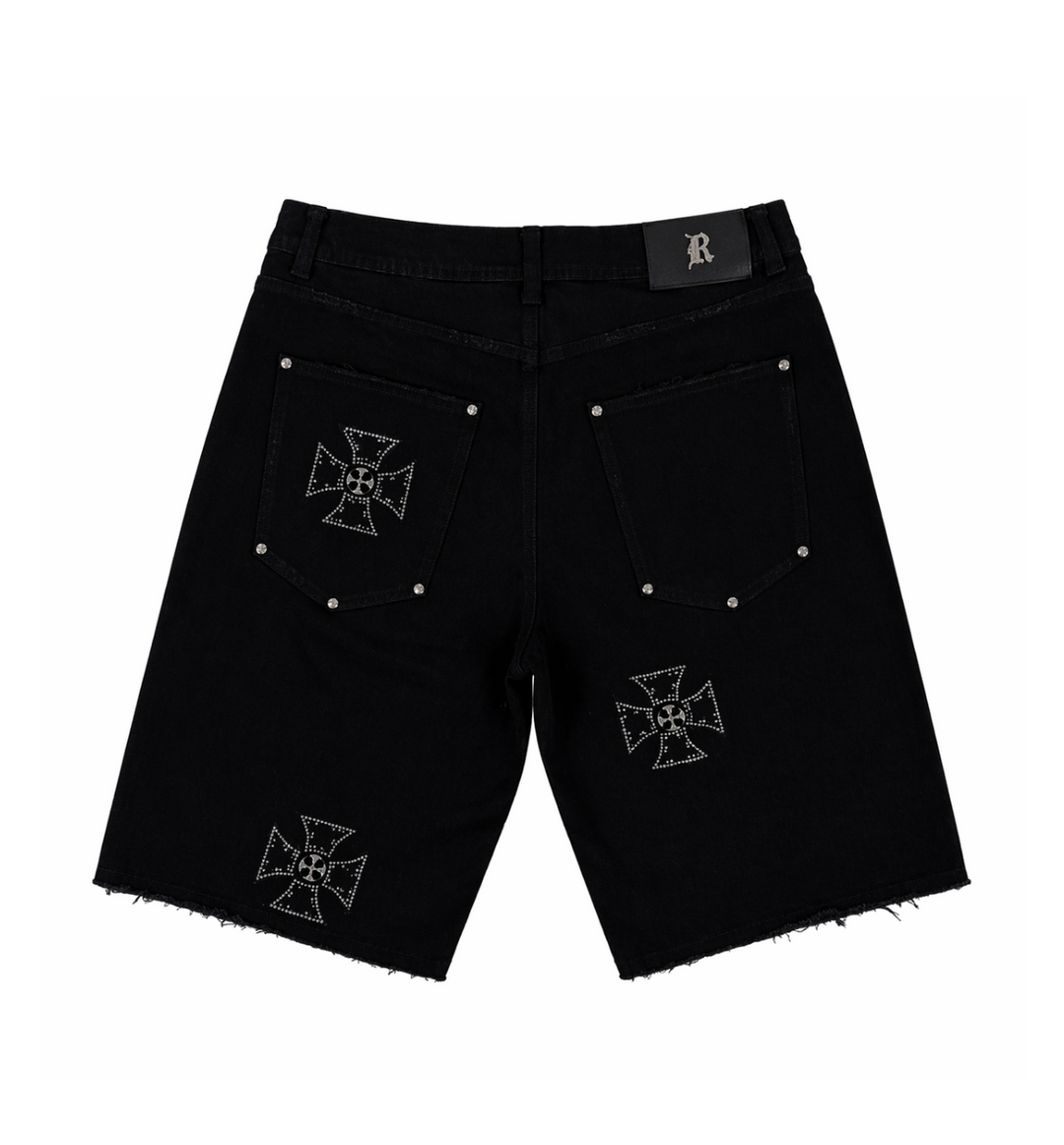 DENIM JORTS W/ CROSS RIVETS, METALLIC STONES
