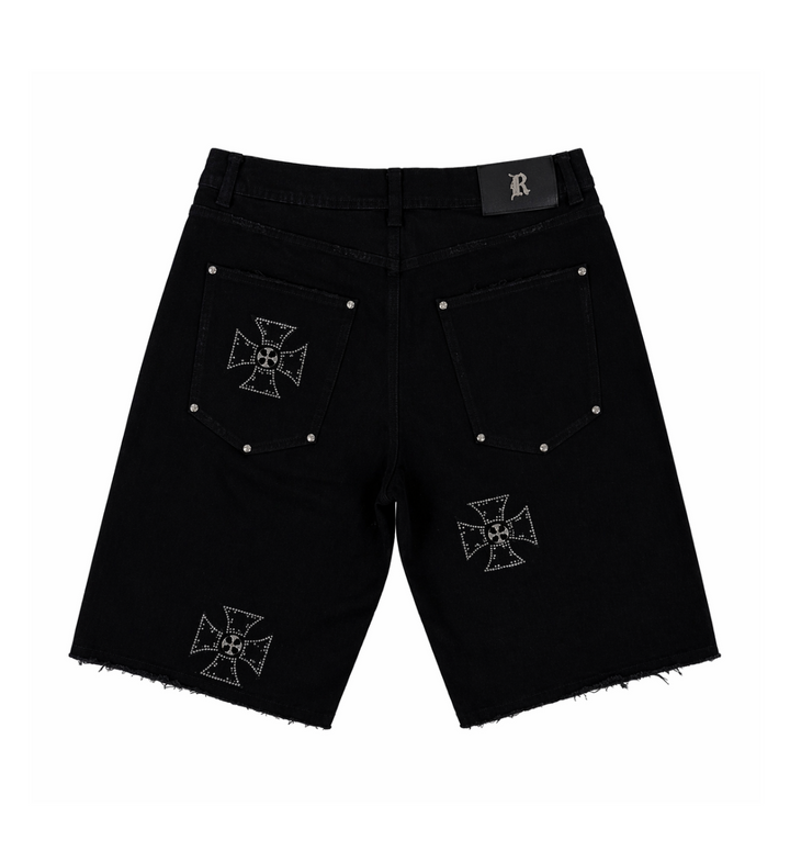 DENIM JORTS W/ CROSS RIVETS, METALLIC STONES