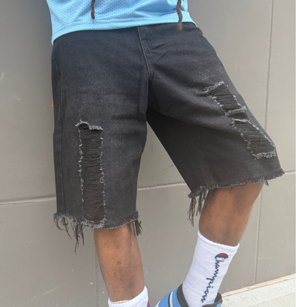 JET BLACK RIPPED BAGGY SHORTS