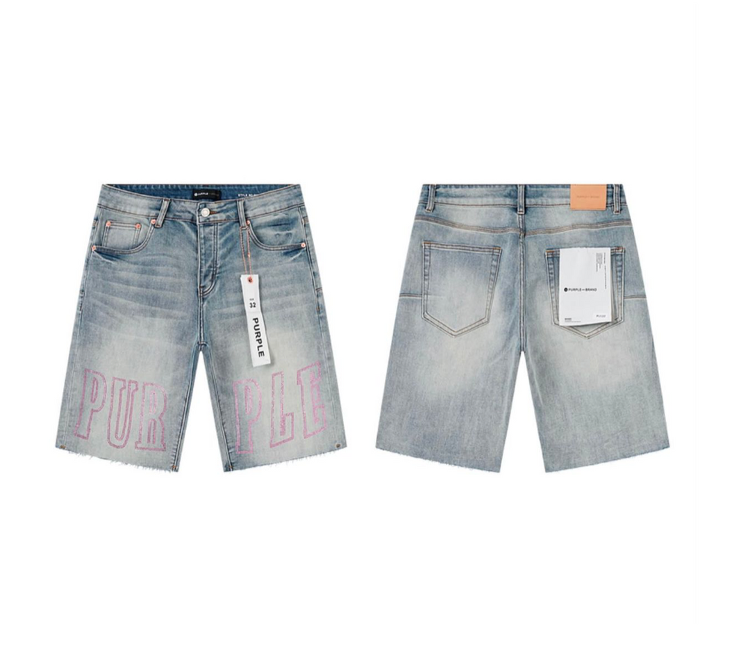 Purple Brand Rhinestone Shorts - Light Blue