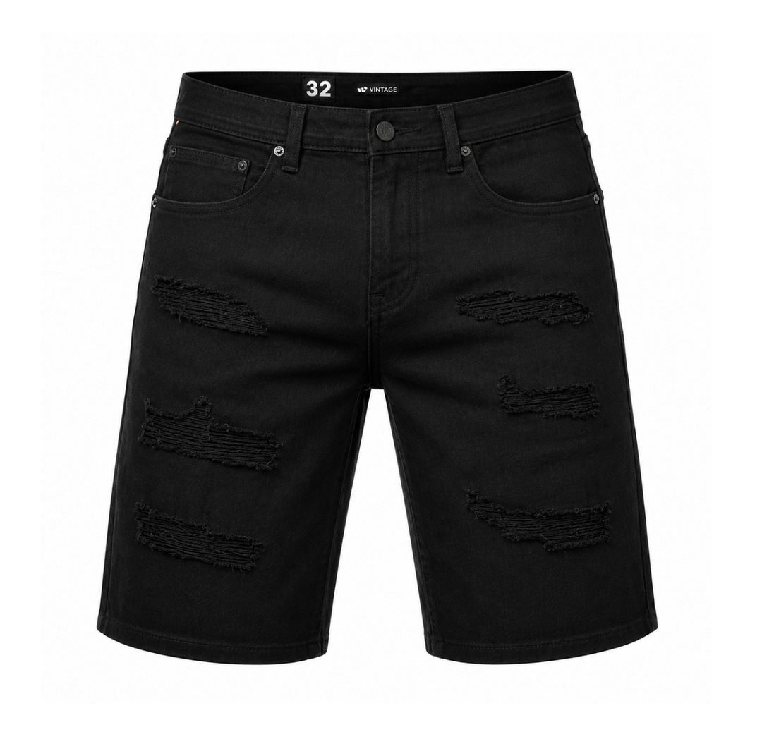Ripped Denim Shorts - Jet Black